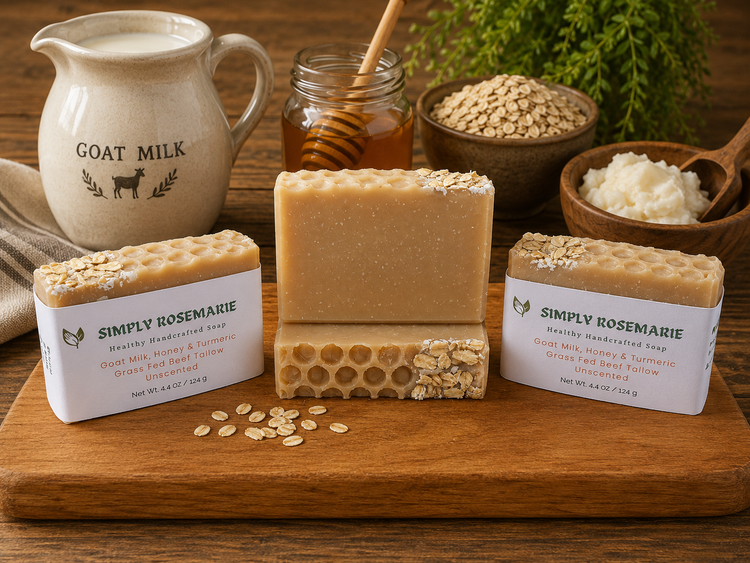 Unscented Goat Milk, Grass Fed Beef Tallow, Honey & Oatmeal handcrafted soap bars by Simply RoseMarie
