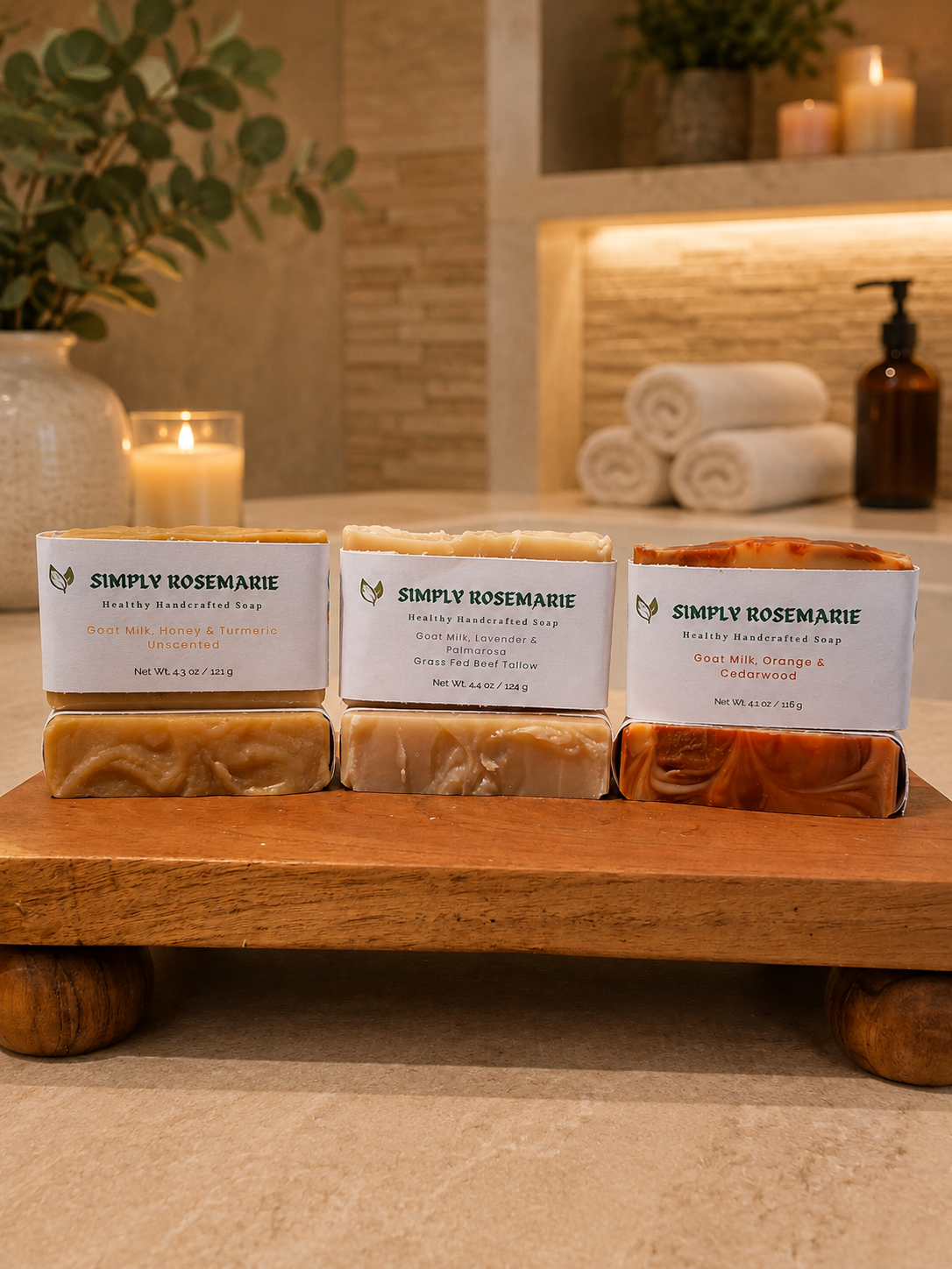 Bundle 3 Pack of  –  Honey & Turmeric (Unscented); Lavender & Palmarosa, Tallow; Orange & Cedarwood.