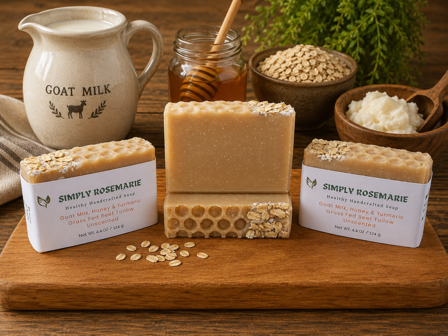 Our all-natural soaps are handcrafted from all natural, high-quality ingredients. All-natural ingredients for handcrafted soap come directly from nature without synthetic alterations. We use nutrient-rich plant oils, pure essential oils, and natural clays to create a gentle, skin-nourishing lather. No synthetics used. Handcrafted goat milk soaps made with natural ingredients, •	Natural handcrafted soap,
Handcrafted goat milk soap, Cold process soap, Natural skincare, Grass-fed beef tallow soap.
